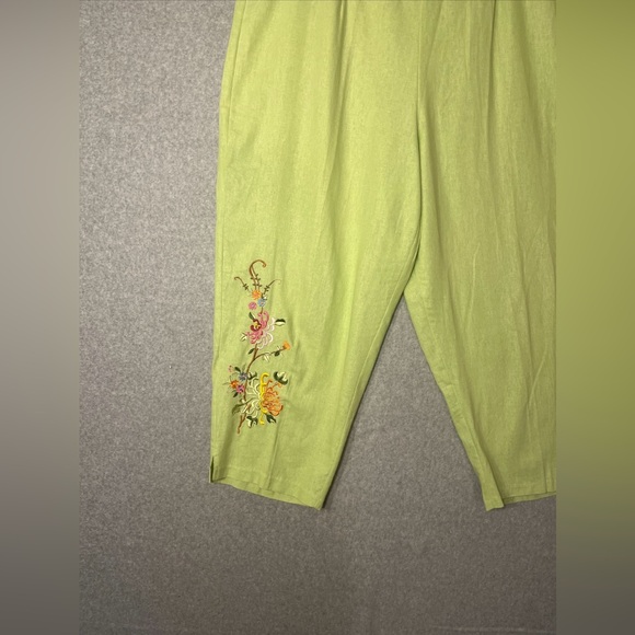 A.K.C. Linen Pants Kiwi Apple Green Floral Embroidered Elastic High Waist 2X XXL - Picture 4 of 16